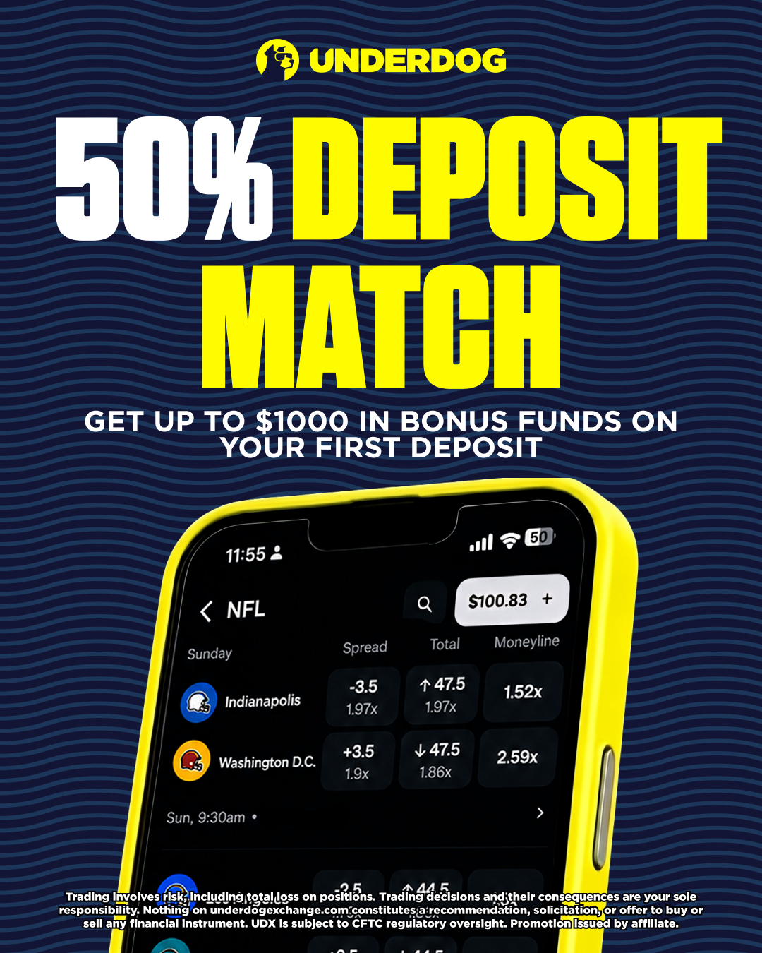 Underdog — 50% deposit match, get up to $1000 in bonus funds on your first deposit
